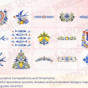 May include: A collection of 15 decorative illustrations featuring blue, orange, and green motifs inspired by ceramic patterns. The designs include swallows, lemons, fish, a rooster, floral arrangements, and ornate dividers on a light background.
