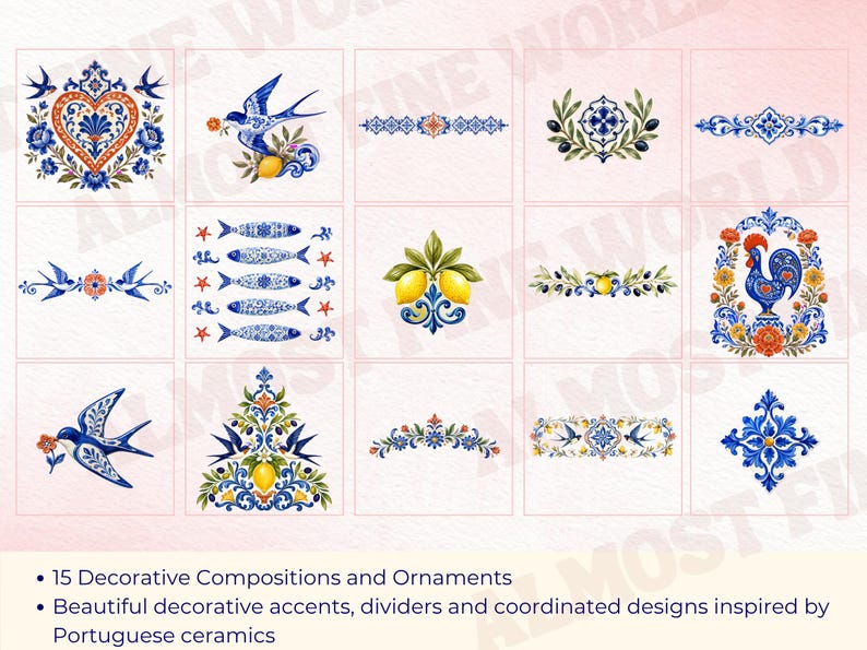 May include: A collection of 15 decorative illustrations featuring blue, orange, and green motifs inspired by ceramic patterns. The designs include swallows, lemons, fish, a rooster, floral arrangements, and ornate dividers on a light background.