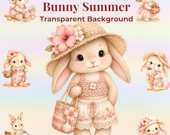 30 PNG-Dateien - Aquarell Sommer-Kaninchen-Clipart-Bundle - Strand, Garten, Eiscreme-Märchen
