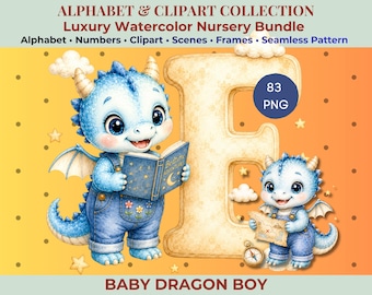 Baby Drache Junge Alphabet Clipart Bundle, Aquarell Kinderzimmer Buchstaben (digitaler Download)
