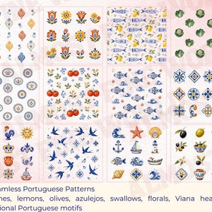 May include: A collection of 31 seamless patterns featuring Portuguese motifs including sardines, lemons, olives, azulejos, swallows, florals, and Viana hearts. The designs are organized in a grid, showcasing various colorful illustrations.