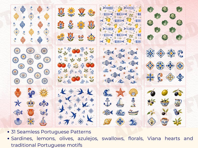May include: A collection of 31 seamless patterns featuring Portuguese motifs including sardines, lemons, olives, azulejos, swallows, florals, and Viana hearts. The designs are organized in a grid, showcasing various colorful illustrations.
