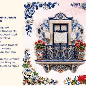 May include: A digital collection of 110 Portuguese-themed graphic designs featuring ceramic ornaments, seamless patterns, floral corners, plaques, and frames. The central image displays a balcony with blue and white tiles, potted red flowers, and laundry hanging on a line.