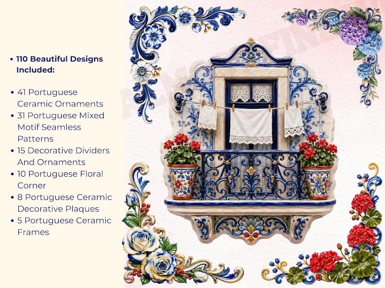 May include: A digital collection of 110 Portuguese-themed graphic designs featuring ceramic ornaments, seamless patterns, floral corners, plaques, and frames. The central image displays a balcony with blue and white tiles, potted red flowers, and laundry hanging on a line.