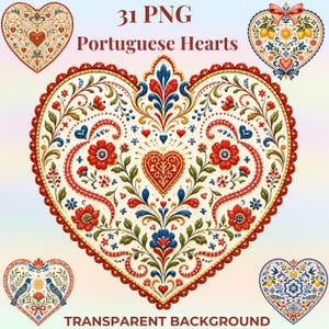 May include: A collection of decorative heart designs with intricate floral patterns in red, blue, and gold on a cream background. The image includes the text "31 PNG Portuguese Hearts" and "Transparent Background".