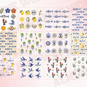 May include: A collection of twelve square tiles featuring Mediterranean-inspired illustrations including blue and white patterned fish, yellow lemons, green olive branches, colorful roosters, floral motifs, and swallows arranged in a grid pattern.