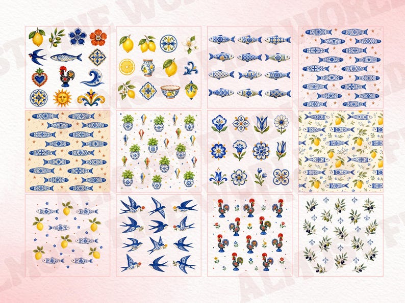 May include: A collection of twelve square tiles featuring Mediterranean-inspired illustrations including blue and white patterned fish, yellow lemons, green olive branches, colorful roosters, floral motifs, and swallows arranged in a grid pattern.