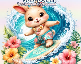 30 Tropical Bunny PNG Clipart, Summer Surf Beach Aloha Party Designs (Digital Download)