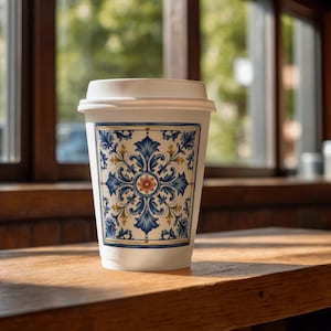 May include: A white disposable coffee cup featuring a square decorative panel with a symmetrical blue, yellow, and orange floral pattern. The cup has a matching white lid and is positioned upright, displaying the intricate tile-like design clearly.