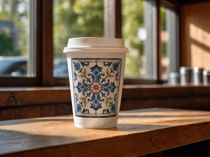May include: A white disposable coffee cup featuring a square decorative panel with a symmetrical blue, yellow, and orange floral pattern. The cup has a matching white lid and is positioned upright, displaying the intricate tile-like design clearly.