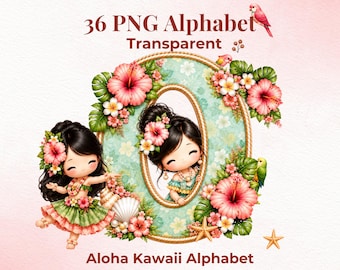 Aloha Kawaii Alphabet PNG Bundle, Tropical Doll Letters, Numbers, Clipart (Digital Download)