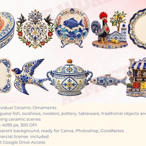 May include: A collection of 41 individual ceramic ornaments featuring Portuguese-inspired designs including heart-shaped boxes, plates with fish and floral motifs, roosters, swallows, a lidded tureen, and a detailed miniature market stall scene.