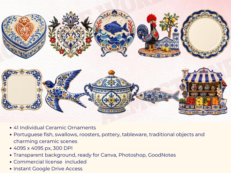 May include: A collection of 41 individual ceramic ornaments featuring Portuguese-inspired designs including heart-shaped boxes, plates with fish and floral motifs, roosters, swallows, a lidded tureen, and a detailed miniature market stall scene.