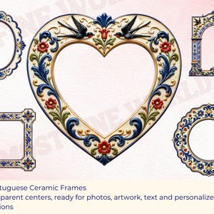 May include: Five decorative frames with ceramic-style patterns in blue, red, green, and cream. The collection includes one large heart-shaped frame, two circular frames with scalloped edges, one rectangular frame, and one arched frame with floral motifs.