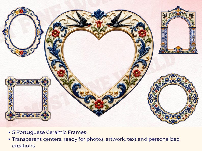 May include: Five decorative frames with ceramic-style patterns in blue, red, green, and cream. The collection includes one large heart-shaped frame, two circular frames with scalloped edges, one rectangular frame, and one arched frame with floral motifs.