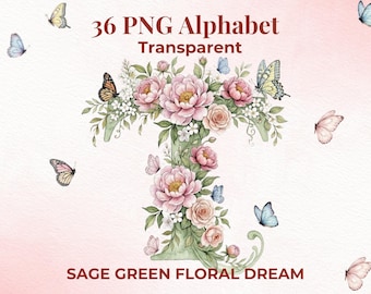 Salbei-grünes Blumenalphabet PNG-Bundle - Aquarell Buchstaben A-Z, Zahlen 0-9 (Digitaler Download)