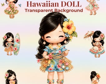 Hawaiian Kawaii Doll PNG Clipart Bundle, Tropical Summer Birthday Sublimation (Digital Download)