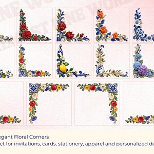 May include: A collection of twelve square tiles featuring various corner designs with colorful floral motifs, including roses, poppies, lemons, and hydrangeas, accented by blue and white scrollwork patterns on a white background.