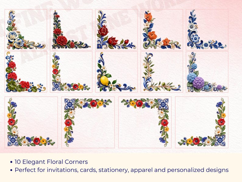 May include: A collection of twelve square tiles featuring various corner designs with colorful floral motifs, including roses, poppies, lemons, and hydrangeas, accented by blue and white scrollwork patterns on a white background.