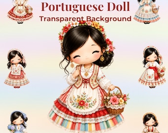 Portuguese Folk Doll Clipart, Kawaii Traditional Costume PNG Bundle (Digital Download)
