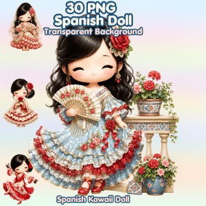 May include: A collection of 30 PNG digital illustrations featuring a Spanish doll with dark hair, wearing a blue polka-dot dress with red ruffles and lace, holding a fan, with red roses, potted flowers, and the text 30 PNG Spanish Doll.