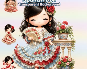 Spanish Kawaii Doll Clipart Bundle, Flamenco Girl Illustrations, Fiesta PNG (Digital Download)