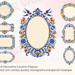 May include: Eight blank decorative ceramic plaques featuring intricate blue, orange, and yellow floral and bird motifs. The designs include various shapes such as ovals, rectangles, and arched frames with cream-colored centers for custom text.