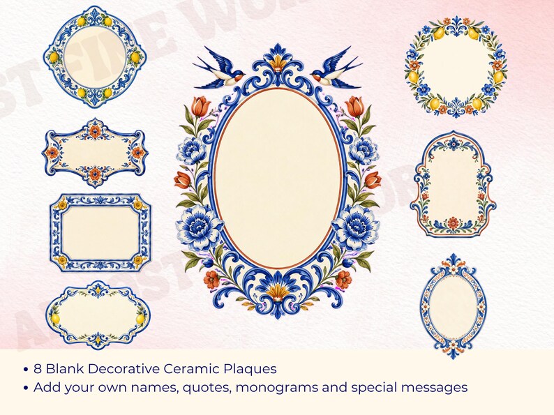 May include: Eight blank decorative ceramic plaques featuring intricate blue, orange, and yellow floral and bird motifs. The designs include various shapes such as ovals, rectangles, and arched frames with cream-colored centers for custom text.