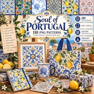 May include: A digital collection of 110 PNG patterns featuring traditional Portuguese art motifs, including blue and yellow floral tiles, lemons, and hydrangeas. The display shows a notebook, mug, tote bag, and gift box decorated with these designs.