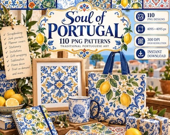 May include: A digital collection of 110 PNG patterns featuring traditional Portuguese art motifs, including blue and yellow floral tiles, lemons, and hydrangeas. The display shows a notebook, mug, tote bag, and gift box decorated with these designs.