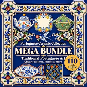 May include: A digital graphic featuring a Portuguese Ceramic Collection Mega Bundle with 110 PNG designs. The image displays a blue border with floral motifs, a teapot, a lemon wreath, a green lidded bowl, a blue bird, a fish, and a floral pattern.