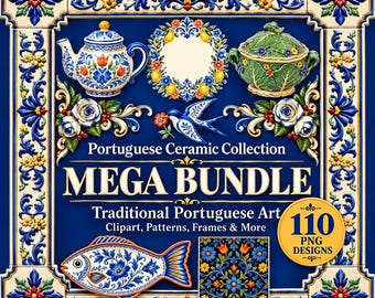 May include: A digital graphic featuring a Portuguese Ceramic Collection Mega Bundle with 110 PNG designs. The image displays a blue border with floral motifs, a teapot, a lemon wreath, a green lidded bowl, a blue bird, a fish, and a floral pattern.