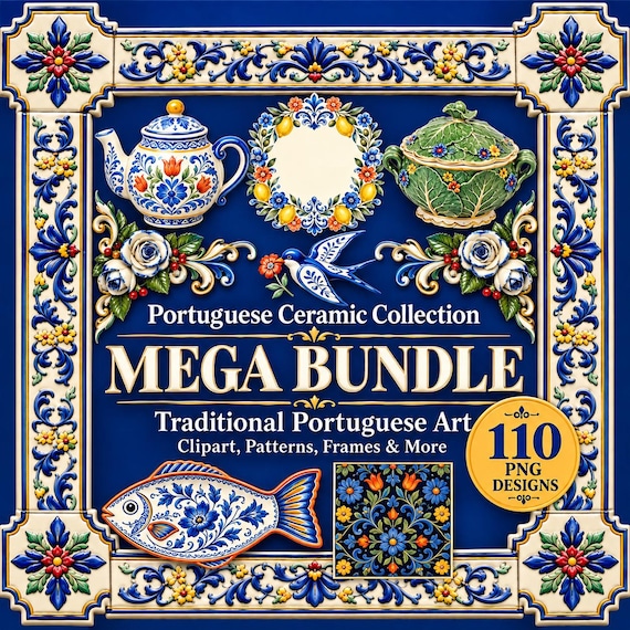 Portuguese Ceramic Clipart Bundle, Azulejo PNG, Sardine and Swallow Patterns, Sublimation Designs, 110 Images