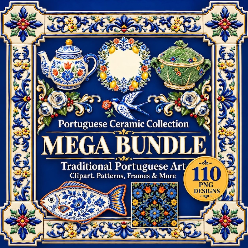 May include: A digital graphic featuring a Portuguese Ceramic Collection Mega Bundle with 110 PNG designs. The image displays a blue border with floral motifs, a teapot, a lemon wreath, a green lidded bowl, a blue bird, a fish, and a floral pattern.
