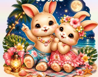 Tropical Bunny Couple Clipart, Aloha Beach Romance PNG Bundle (30 Files)
