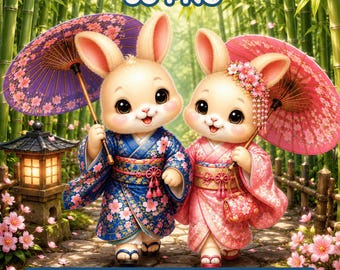 Sakura Bunny Love in Japan Clipart Bundle, Kawaii Kimono Paar PNG, Japanisches Festival, Kirschblüte Travel Art