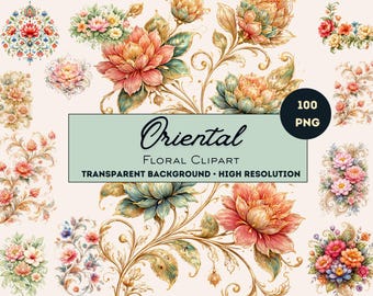100 orientalische Blumen Clipart PNG, japanische Blumen, Hochzeit Briefpapier Elemente (digitaler Download)