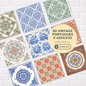 May include: Nine square vintage Portuguese azulejo tiles with floral and geometric patterns in blue, green, red, and gold are displayed. The tiles are arranged on a white brick background. A circular graphic reads "50 Vintage Portugues e Azulejo".