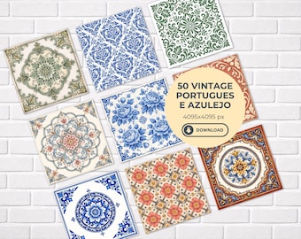 50 Vintage portugiesische Azulejo Fliesen Clipart | Blau, Terracotta, Salbei, Pink (Digital Download)