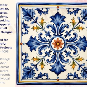 May include: A square tile featuring a symmetrical blue and yellow floral pattern on a cream background. Text on the left reads: Perfect for Sublimation, Printables, Invitations, Scrapbooking, Cards, Apparel and Small Business Designs. Created for Beautiful Creative Projects. 4095 x 4095 Pixels. 300 DPI High Resolution. PNG Format. Transparent Backgrounds on Individual Elements.