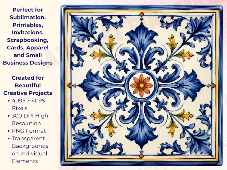 May include: A square tile featuring a symmetrical blue and yellow floral pattern on a cream background. Text on the left reads: Perfect for Sublimation, Printables, Invitations, Scrapbooking, Cards, Apparel and Small Business Designs. Created for Beautiful Creative Projects. 4095 x 4095 Pixels. 300 DPI High Resolution. PNG Format. Transparent Backgrounds on Individual Elements.