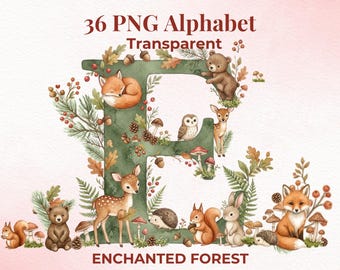 Aquarell Wald Alphabet PNG, Waldtiere A-Z 0-9, Kinderzimmer Namensschild (Digitaler Download)