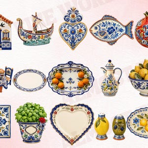 May include: A collection of hand-painted ceramic items including a house figurine, a boat, a heart-shaped plaque, a fish-shaped dish, a pomegranate, a miniature table set, various oval and heart-shaped platters, a pitcher, a bowl of lemons, and a planter.