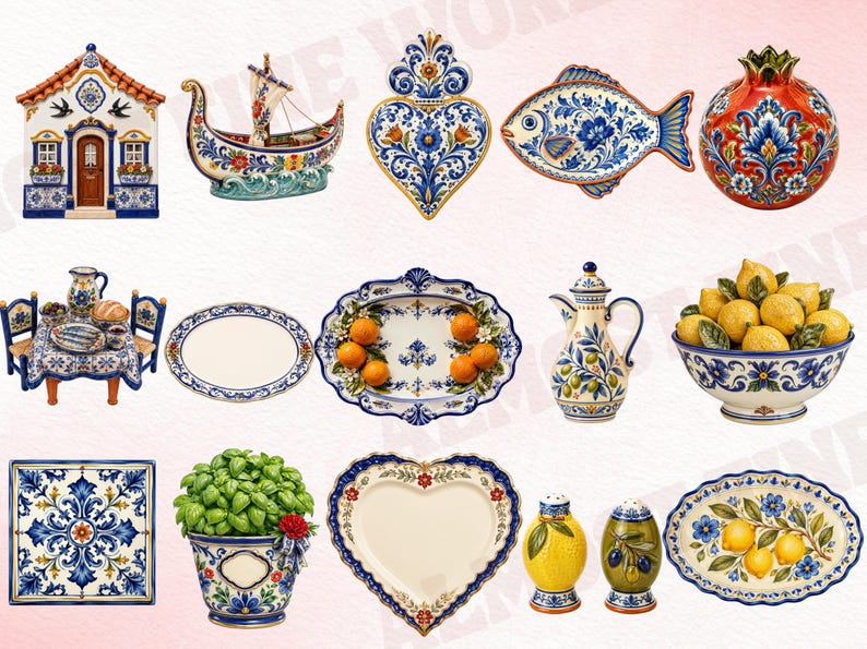 May include: A collection of hand-painted ceramic items including a house figurine, a boat, a heart-shaped plaque, a fish-shaped dish, a pomegranate, a miniature table set, various oval and heart-shaped platters, a pitcher, a bowl of lemons, and a planter.