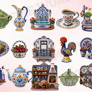 May include: A collection of hand-painted ceramic decorative items featuring traditional blue, white, green, and red floral and folk patterns. The set includes various miniature scenes, kitchenware, a rooster figurine, a cat, and wall-mounted displays.