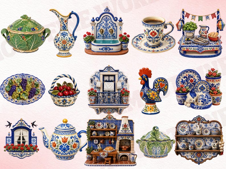 May include: A collection of hand-painted ceramic decorative items featuring traditional blue, white, green, and red floral and folk patterns. The set includes various miniature scenes, kitchenware, a rooster figurine, a cat, and wall-mounted displays.