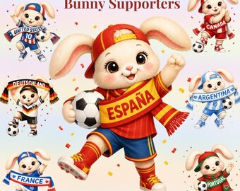 World Cup 2026 Bunny Supporters Clipart, 48 Country Football PNGs, Soccer Mascot Sublimation