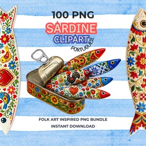 May include: A digital art bundle featuring colorful, folk art-inspired sardine clip art. The image includes sardines with floral and heart designs, a sardine can, and text that reads "Sardine Clipart Portuguese". The background is blue and white stripes.