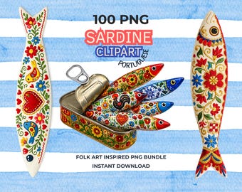 100 Sardine Clipart PNG Bündel | Portugisische Azulejo Sublimation | Mediterrane Volkskunst