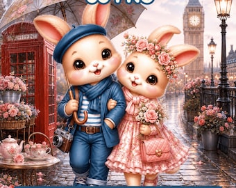 Romantisches Kaninchen Reise paar Clipart Bundle, Kawaii Häschen Liebe PNG, süßes Paar Europa Reise, Valentine Häschen, Flitterwochen Clipart